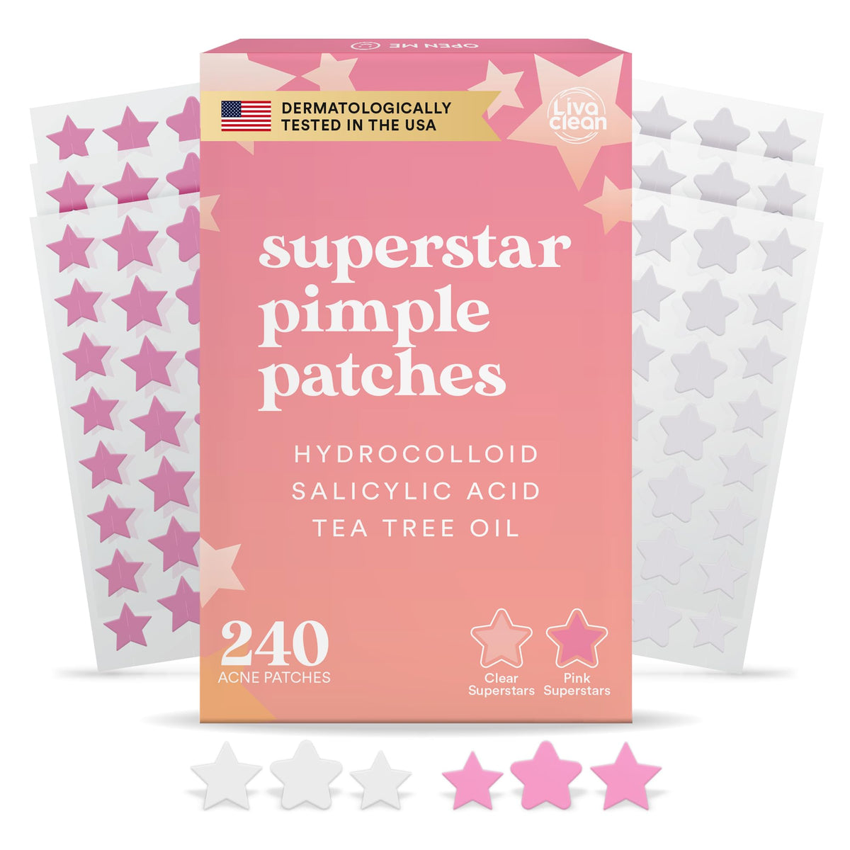 LivaClean front packaging showing 240 star pimple patches, convenient supply