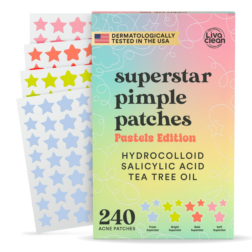 LivaClean front packaging showing 240 star pimple patches and benefits