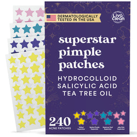 LivaClean front packaging showing 240 star pimple patches and benefits
