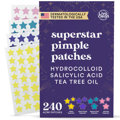 LivaClean front packaging showing 240 star pimple patches and benefits