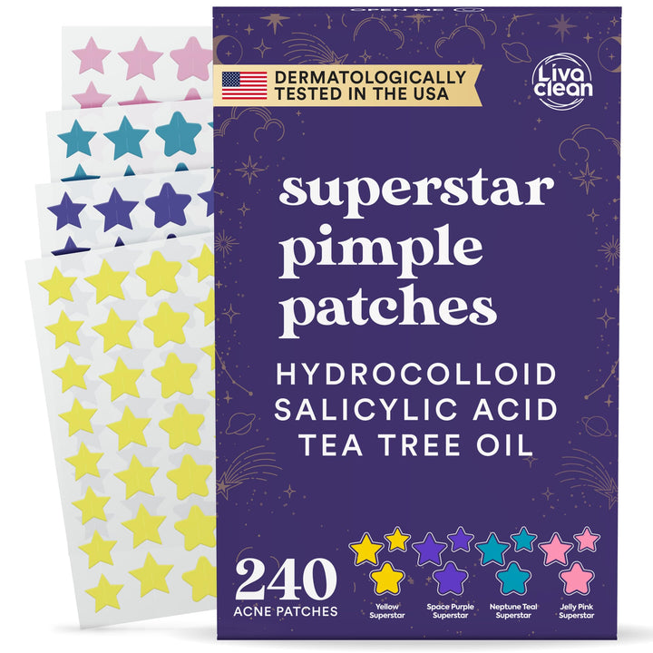 LivaClean front packaging showing 240 star pimple patches and benefits