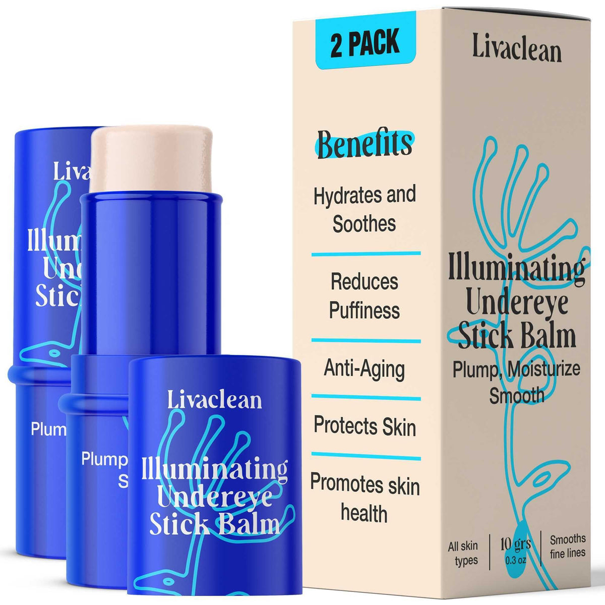 LivaClean front packaging showing two under eye balm sticks for quick hydration