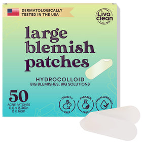 LivaClean front packaging showing XL hydrocolloid acne patches and benefits