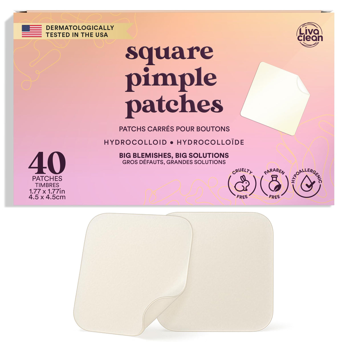 LivaClean front packaging showing 40 XL pimple patches and benefits