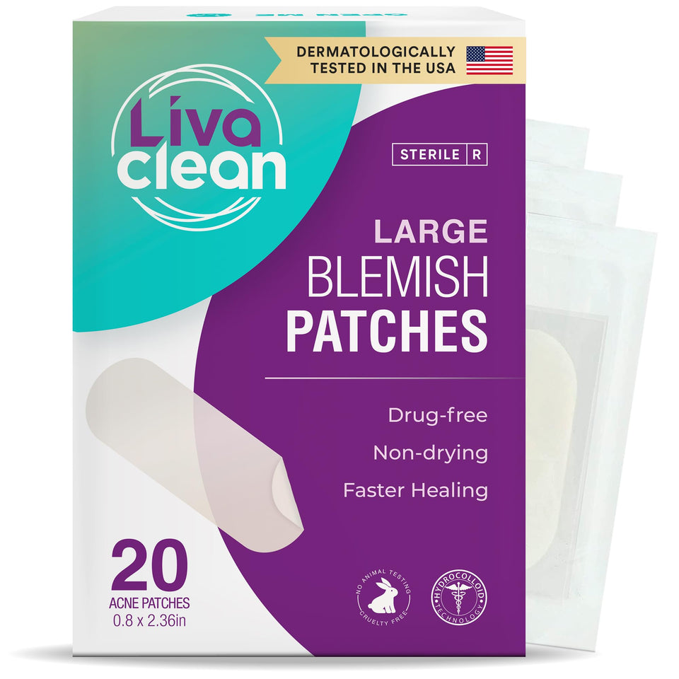 LivaClean front packaging showing 20 large hydrocolloid patches and brand name benefit