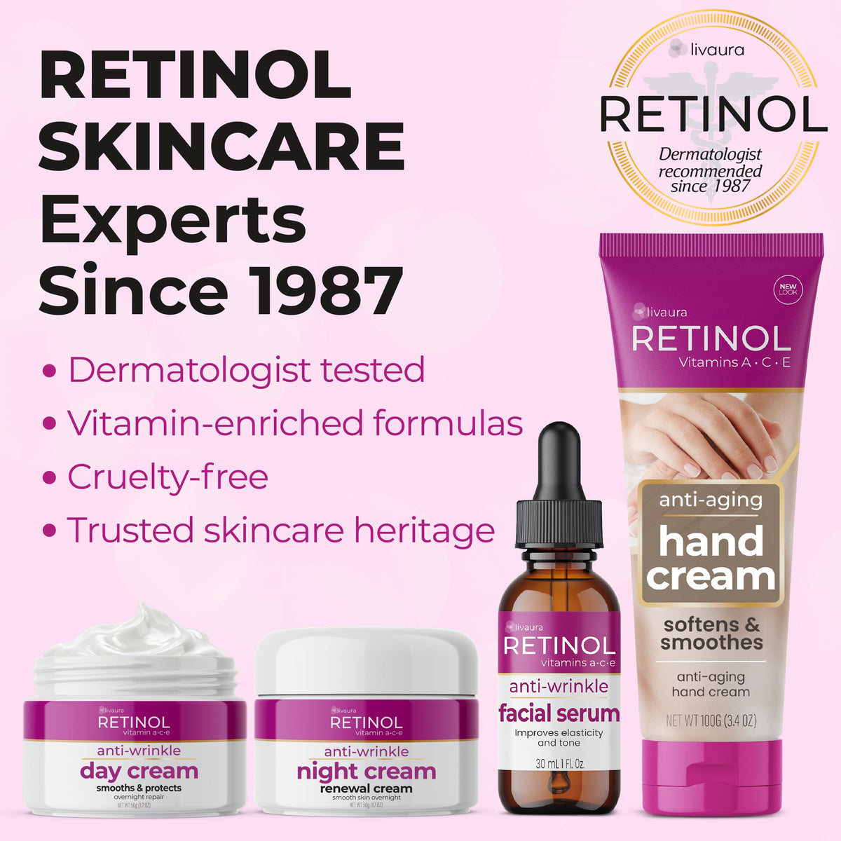 Close-up of LIVAURA Retinol ingredients label highlighting nourishing components