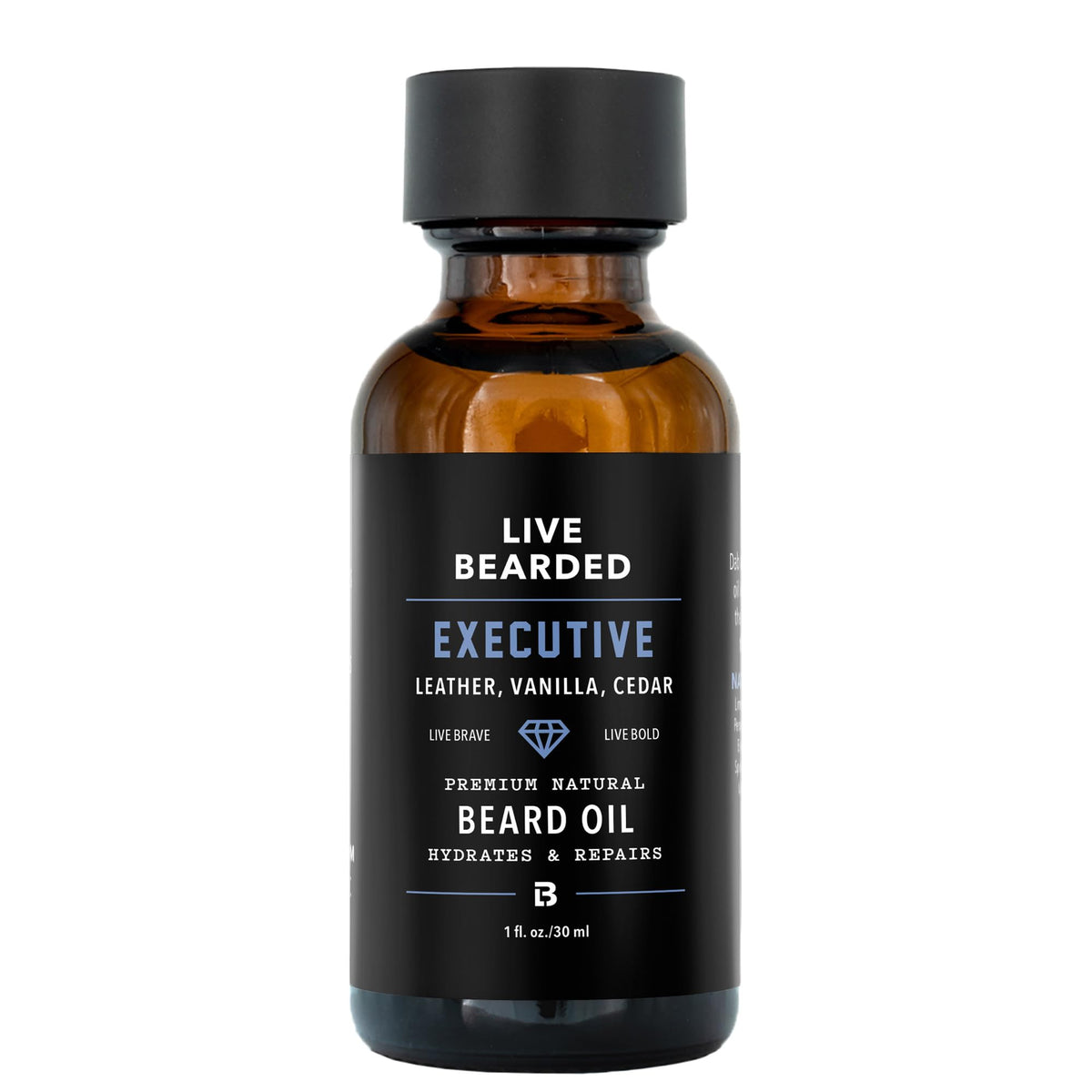Live Bearded bottle front view showing Executive scent and benefits