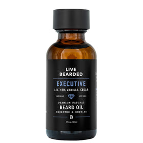 Live Bearded bottle front view showing Executive scent and benefits