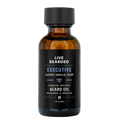 Live Bearded bottle front view showing Executive scent and benefits