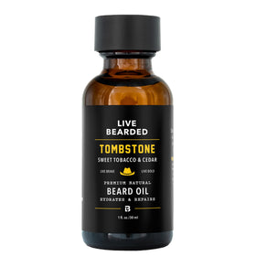 Live Bearded front bottle showing Tombstone scent and clear labeling benefit: easy identification