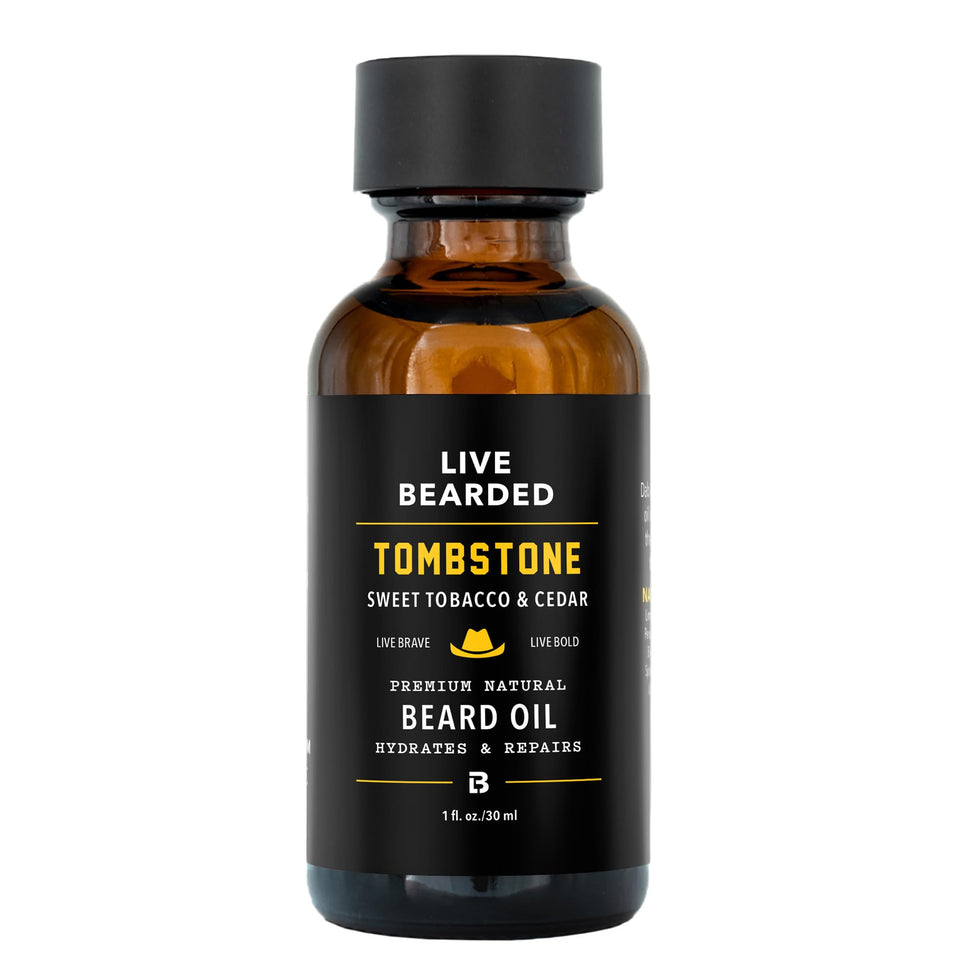 Live Bearded front bottle showing Tombstone scent and clear labeling benefit: easy identification