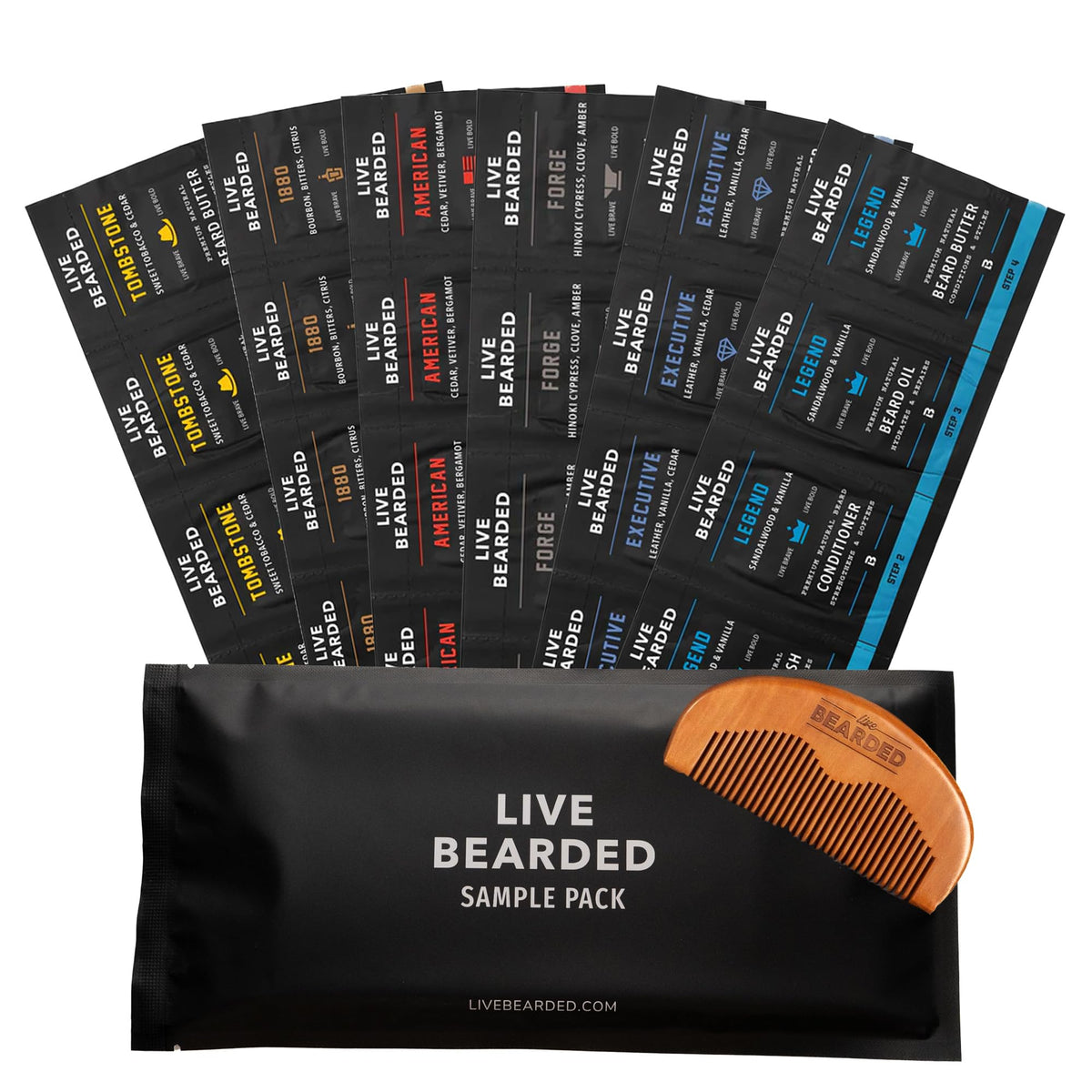 Live Bearded front packaging showing six scent sample packs and comb for gifting