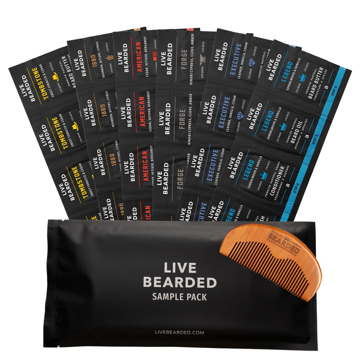 Live Bearded front packaging showing six scent sample packs and comb for gifting