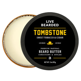Live Bearded front packaging showing 3 fl oz jar and Tombstone scent benefits