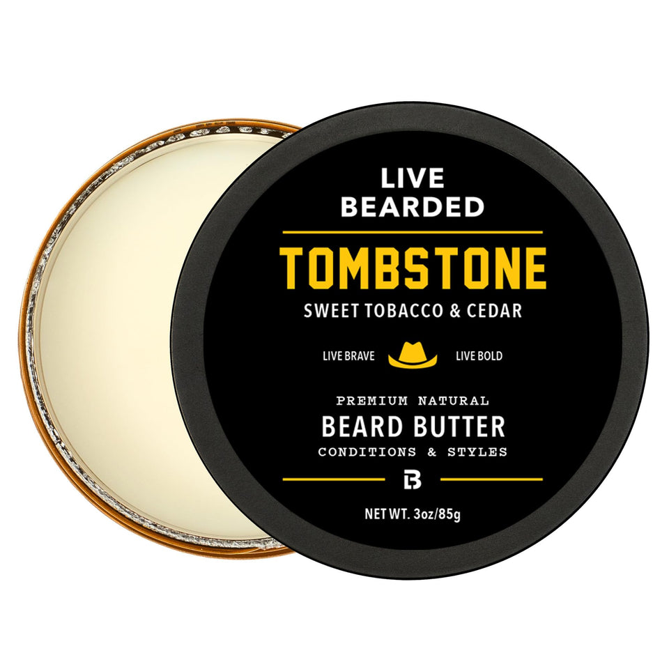 Live Bearded front packaging showing 3 fl oz jar and Tombstone scent benefits
