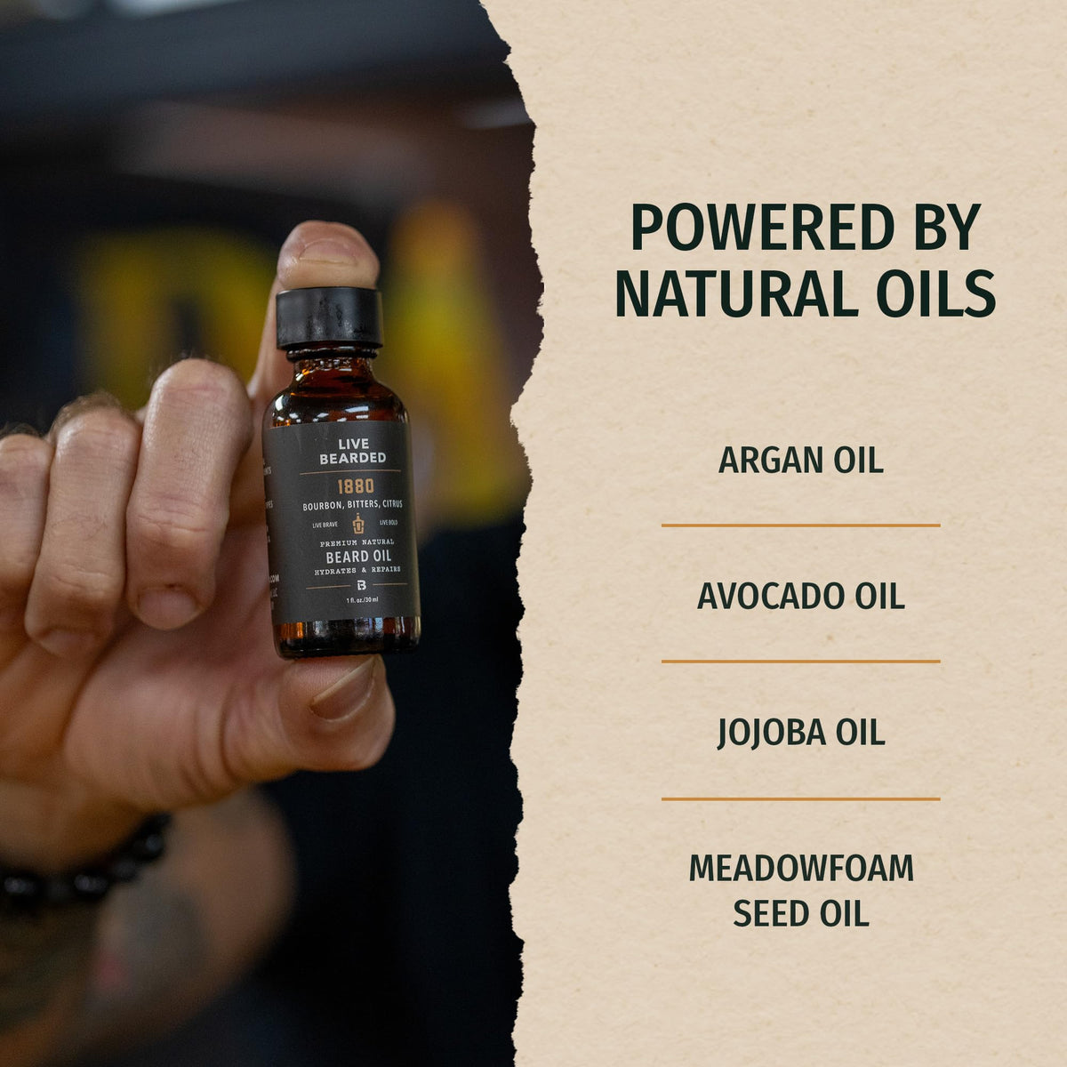 Live Bearded bottle in hand while applying oil demonstrating easy daily use