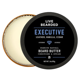 Live Bearded jar front showing executive scent and clear benefits