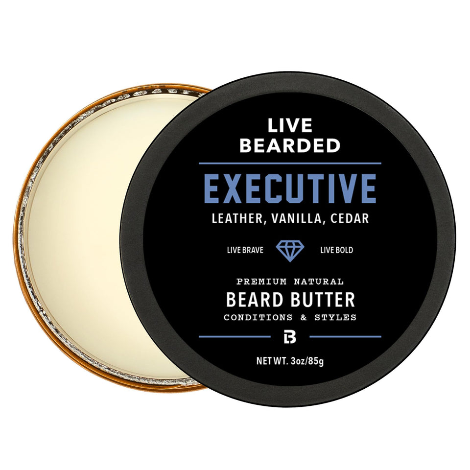 Live Bearded jar front showing executive scent and clear benefits