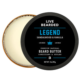 Live Bearded jar front showing Legend scent and clear product benefit