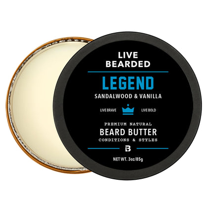 Live Bearded jar front showing Legend scent and clear product benefit