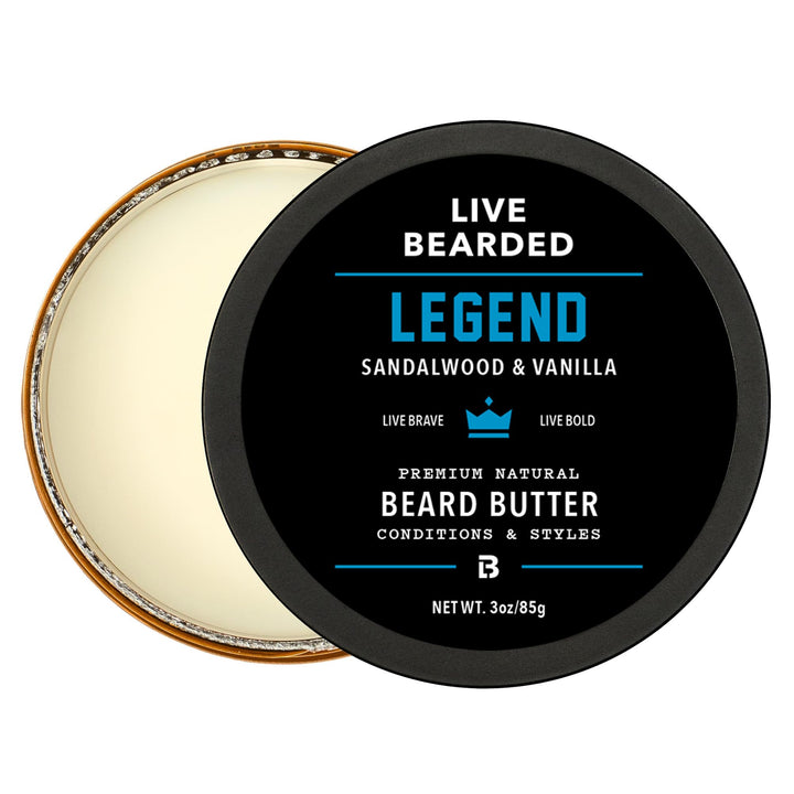 Live Bearded jar front showing Legend scent and clear product benefit