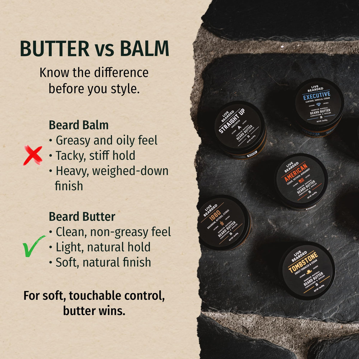 Live Bearded open jar texture close-up highlighting creamy shea butter benefits