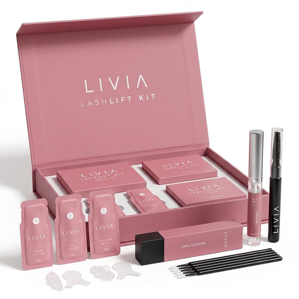 LIVIA kit front packaging showing complete lash lift set and benefits