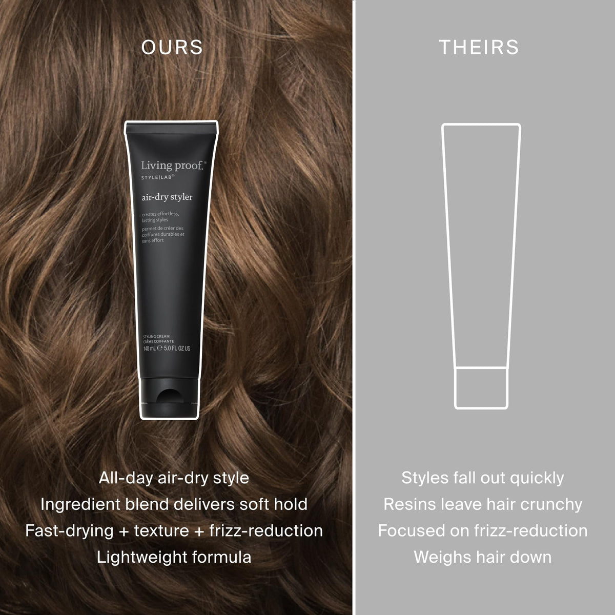 Living Proof styler bottle in hand demonstrating travel-friendly size and grip
