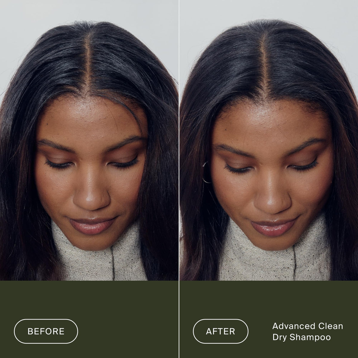 Living Proof before and after roots comparison showing reduced greasiness