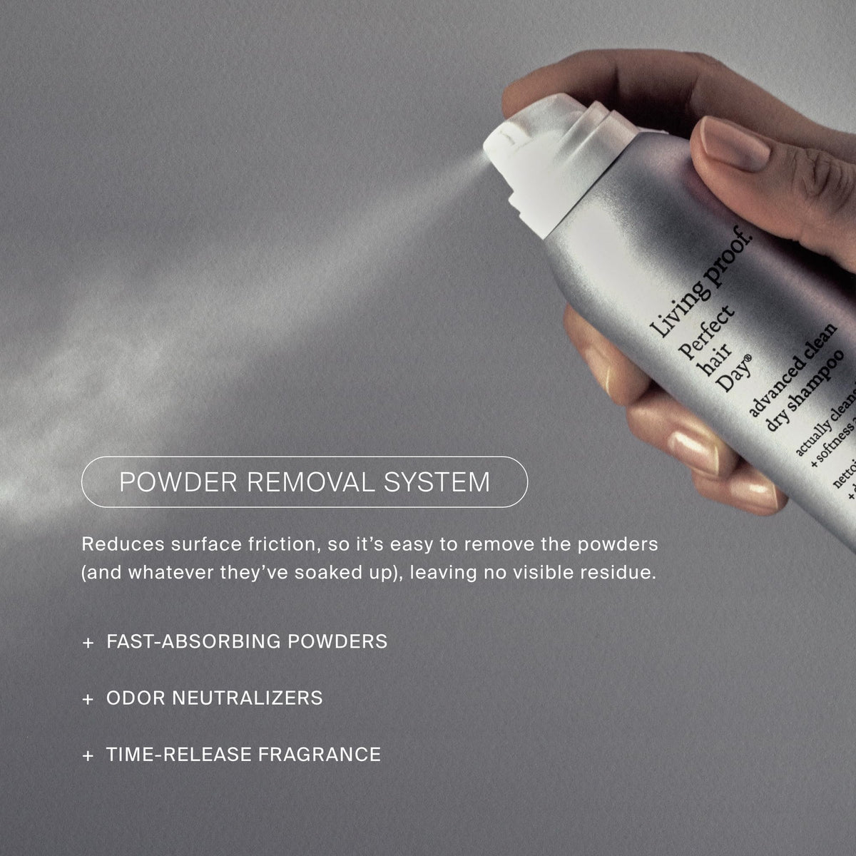 Living Proof bottle held in hand for size scale and travel convenience
