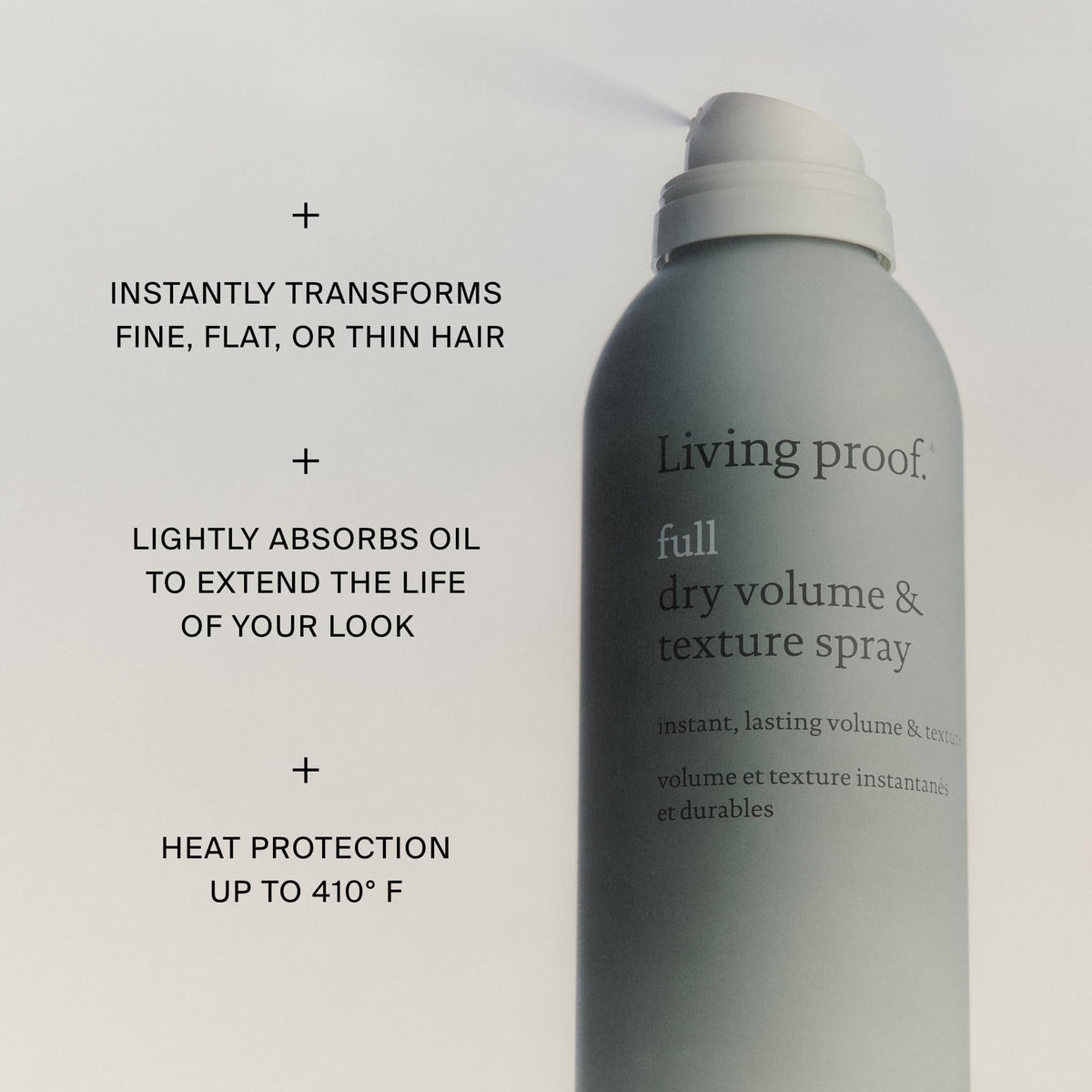 Living Proof close-up aerosol nozzle of dry shampoo for precise, no-mess application benefit