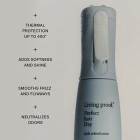 Living Proof fine mist spraying to show lightweight texture and coverage