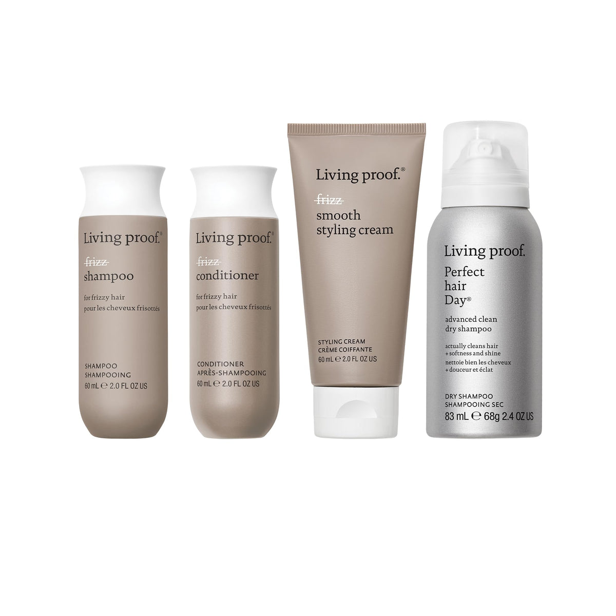 Living Proof front packaging showing travel kit for smooth, frizz-free hair