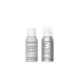 Living Proof travel duo front packaging showing compact convenience and grooming benefits