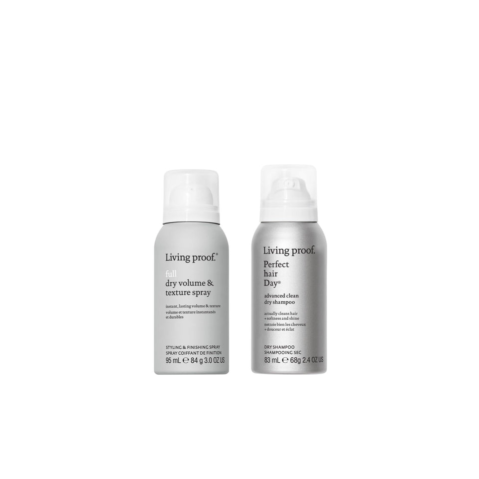 Living Proof travel duo front packaging showing compact convenience and grooming benefits