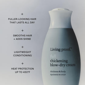 Living Proof applied to damp hair before blow-drying for fuller results
