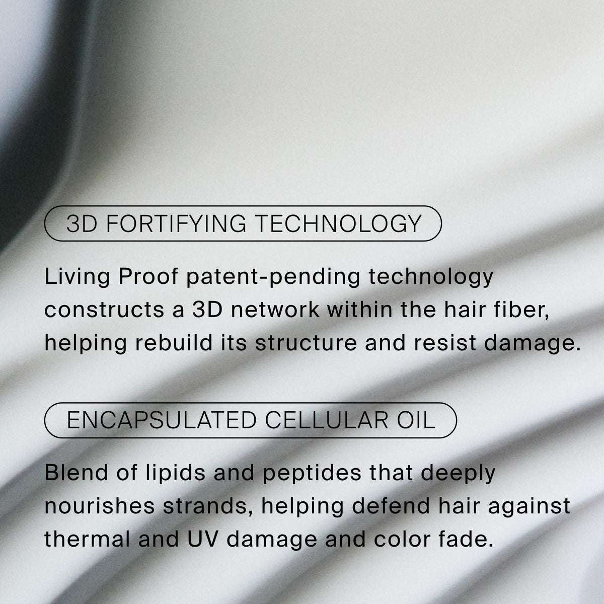 Living Proof label close-up highlighting bond-rebuilding technology and ingredient clarity