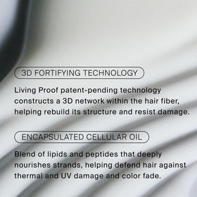 Living Proof label close-up highlighting bond-rebuilding technology and ingredient clarity