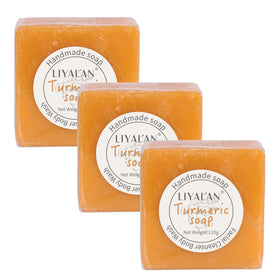 LIYALAN front packaging showing three turmeric soap bars and benefits