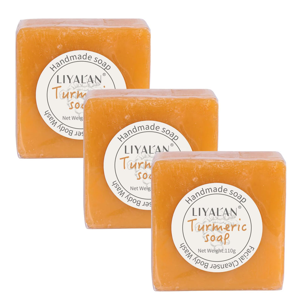 LIYALAN front packaging showing three turmeric soap bars and benefits