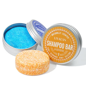 LIYALAN front packaging showing two shampoo bars and eco-friendly box benefiting travel