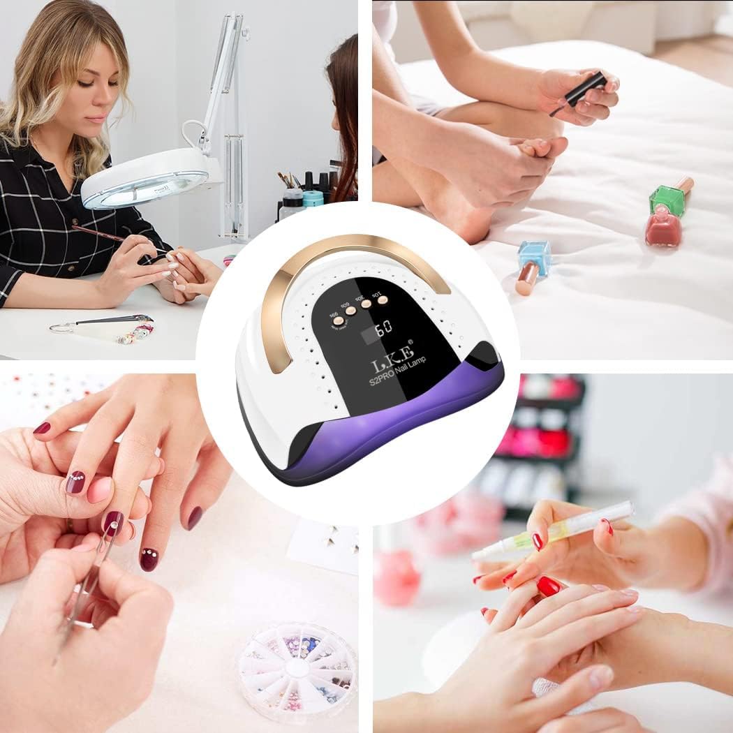 LKE lamp next to a hand for size comparison indicating portable, salon-ready scale