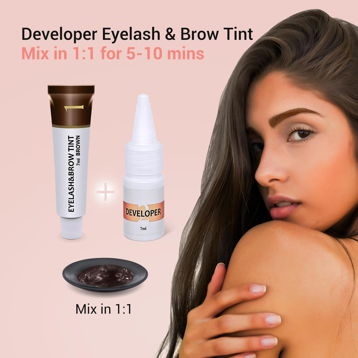 LLNNOVUE close-up of brown tint texture on applicator, displays natural glossy finish