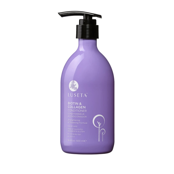 L LUSETA front bottle showing biotin and collagen for thicker-looking hair