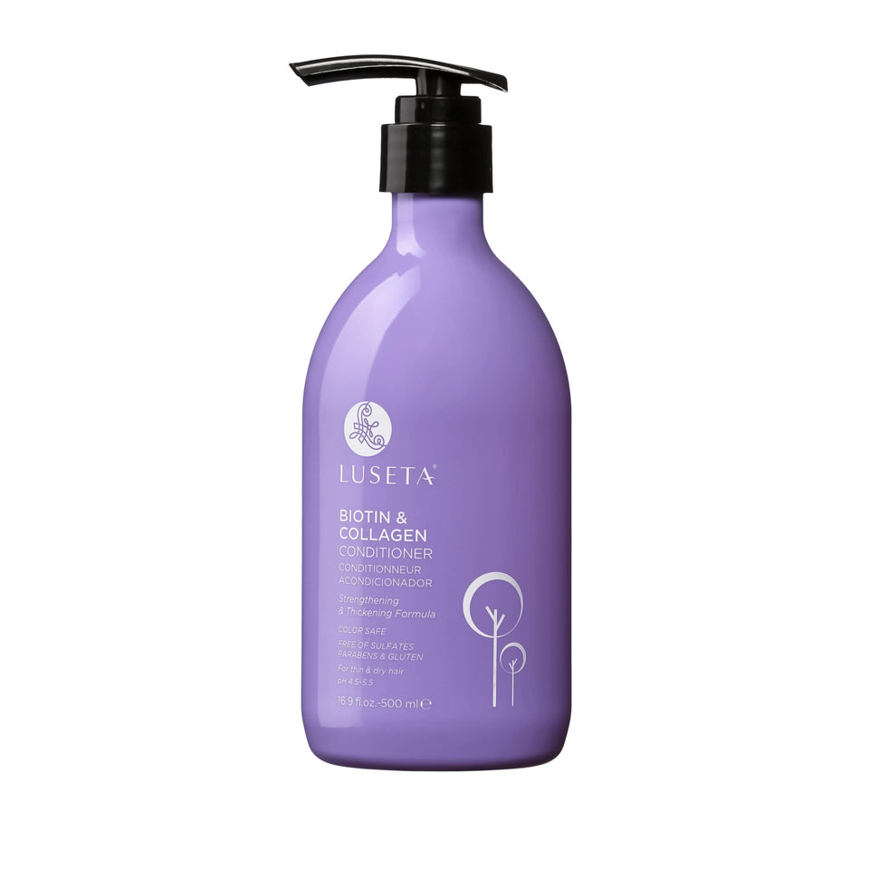 L LUSETA front bottle showing biotin and collagen for thicker-looking hair