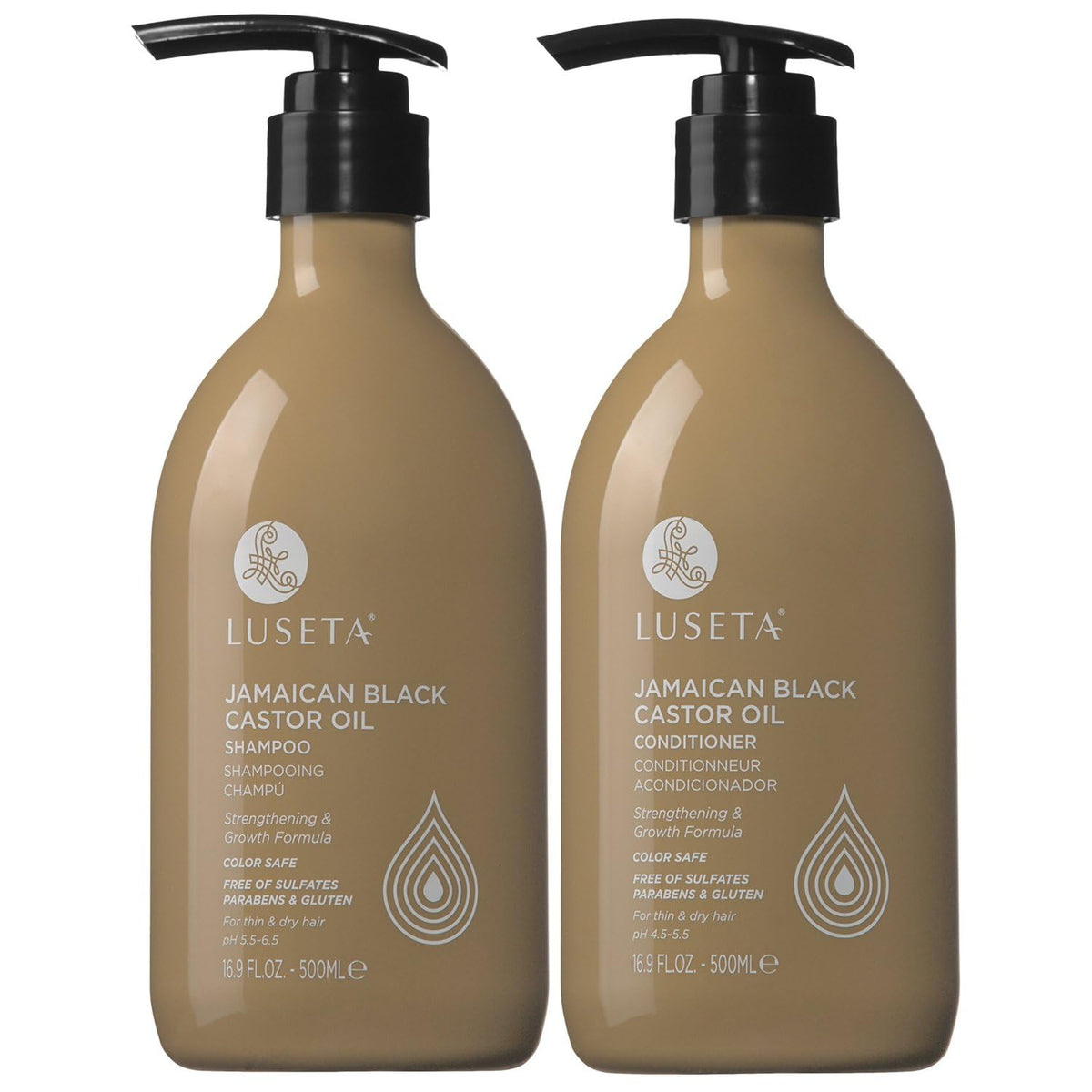 L LUSETA front bottles showing the castor oil strengthening set benefit