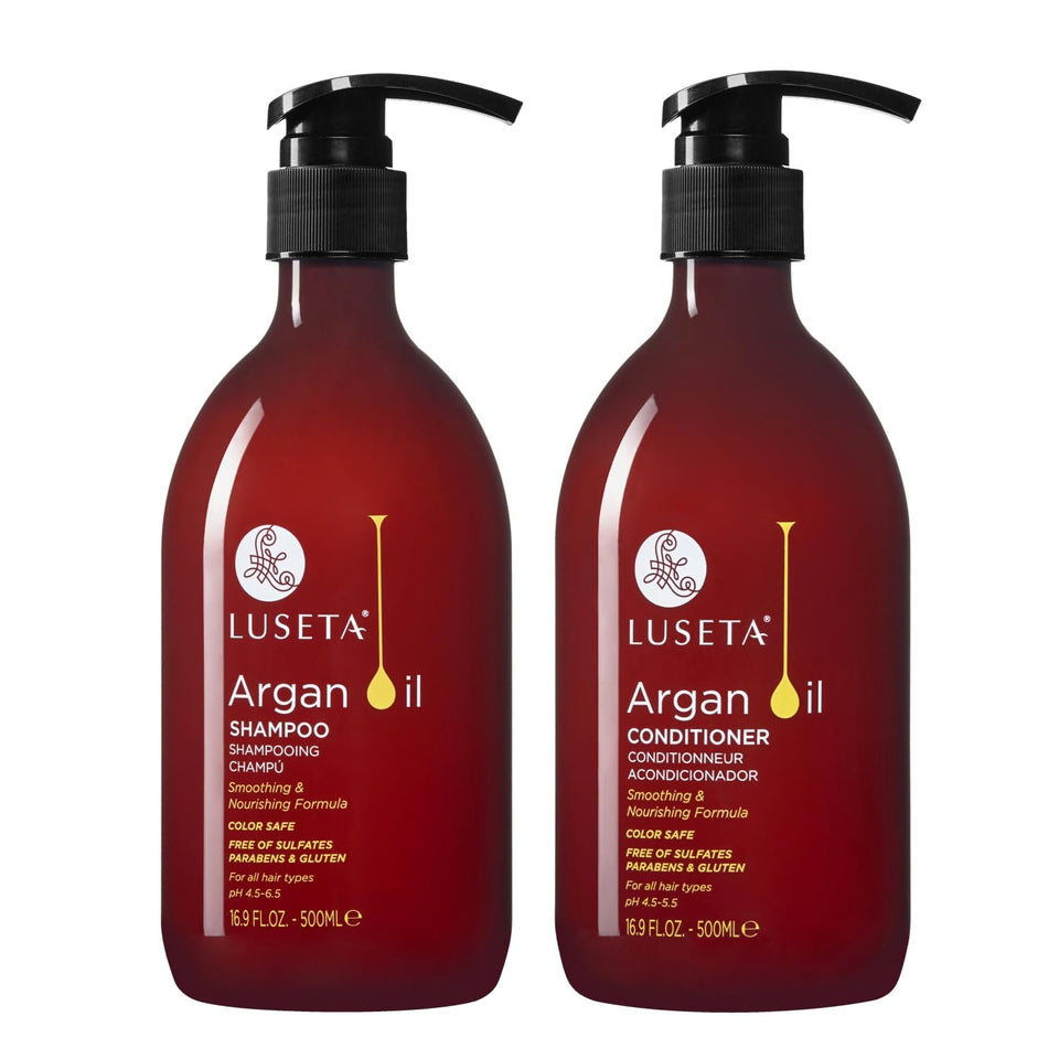 L LUSETA front packaging of shampoo and conditioner showing set benefit