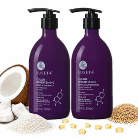 L LUSETA front packaging showing purple shampoo and conditioner, promotes brass-free tones