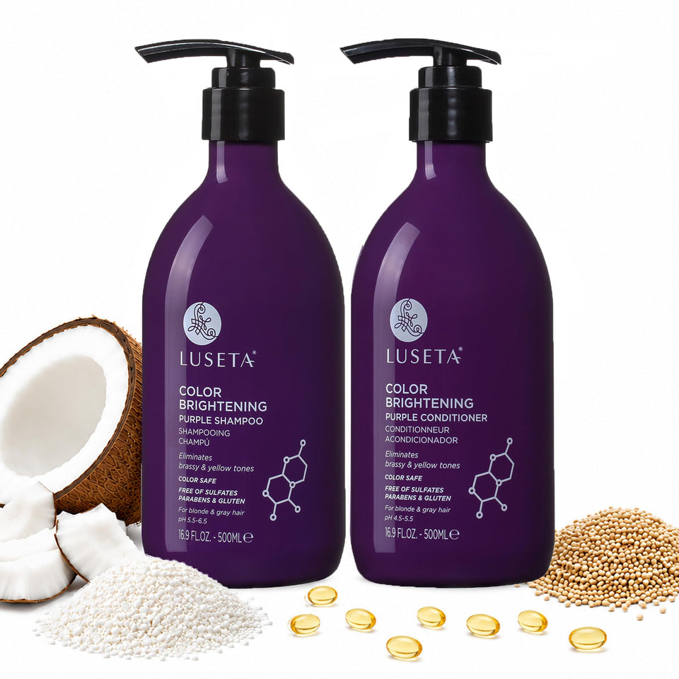 L LUSETA front packaging showing purple shampoo and conditioner, promotes brass-free tones