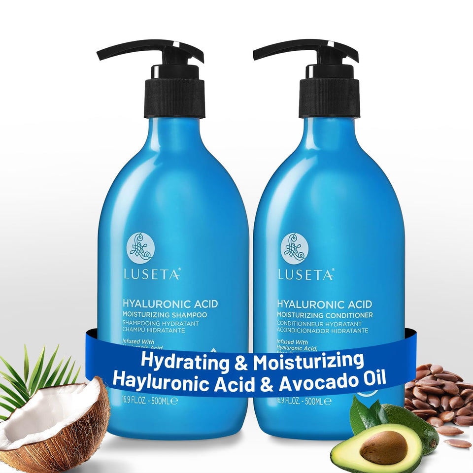 L LUSETA front packaging of shampoo and conditioner showing set benefits
